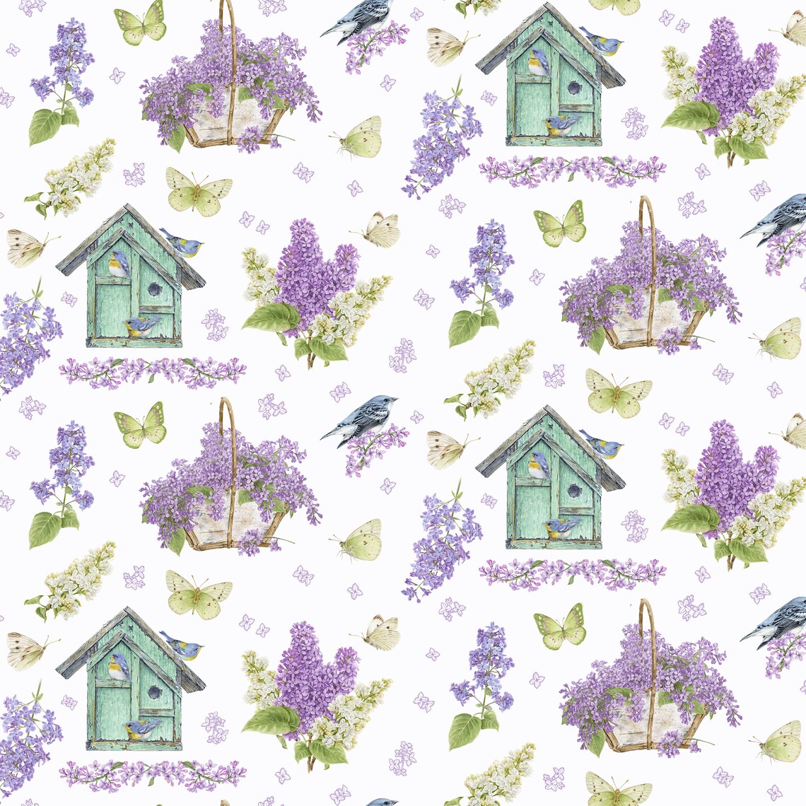 Bloomerang Lilac Garden and Bird House Multi Jane Shasky Henry Glass Cotton Fabric