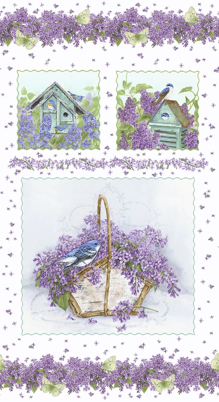 Bloomerang Lilac and Bird House 3 Blocks Panel 24" Multi Jane Shasky Henry Cotton Fabric