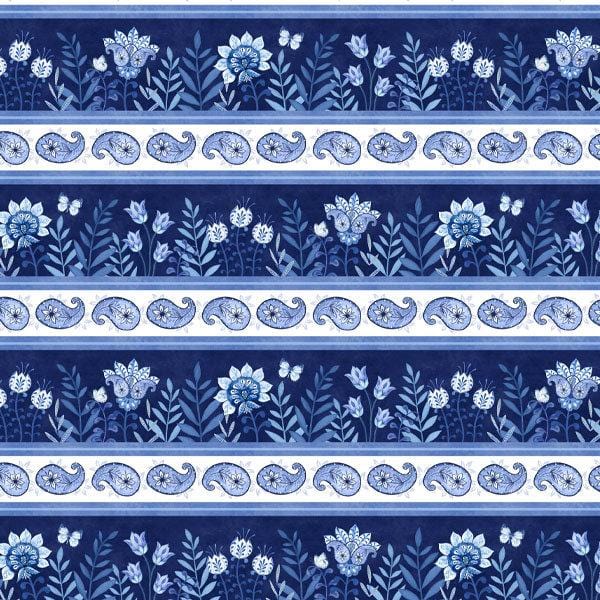 Blooming Blue Border Stripe Paisley Floral Navy Blue Danielle Leone Wilmington Prints Cotton Fabric