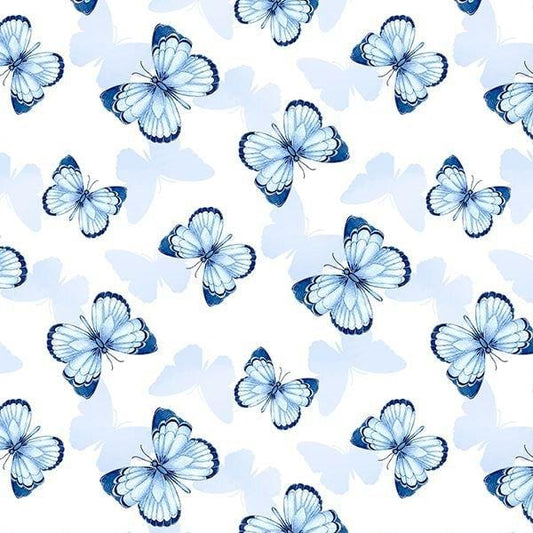 Blooming Blue Butterfly Toss White Danielle Leone Wilmington Prints Cotton Fabric