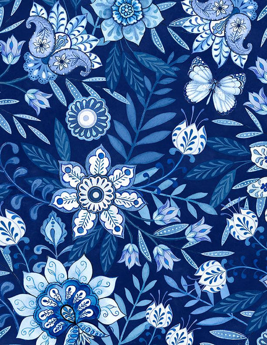 Blooming Blue Large Floral Allover Navy Blue Danielle Leone Wilmington Prints Cotton Fabric