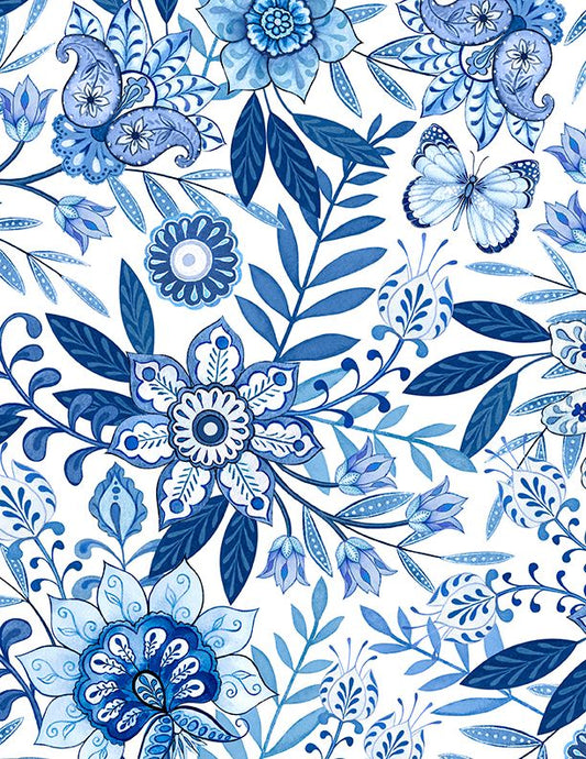 Blooming Blue Large Floral Allover White Danielle Leone Wilmington Prints Cotton Fabric