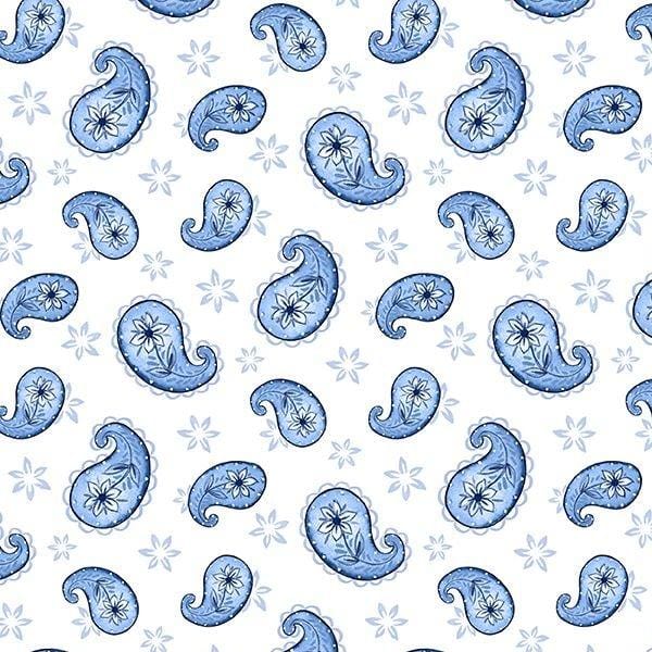 Blooming Blue Paisley Toss White Danielle Leone Wilmington Prints Cotton Fabric