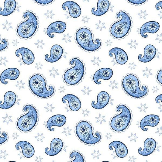 Blooming Blue Paisley Toss White Danielle Leone Wilmington Prints Cotton Fabric