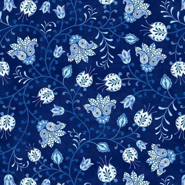 Blooming Blue Tulip Vines Navy Blue Danielle Leone Wilmington Prints Cotton Fabric