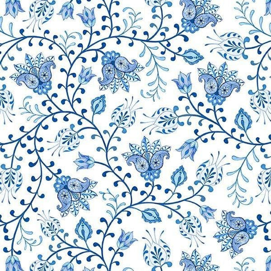 Blooming Blue Tulip Vines White Danielle Leone Wilmington Prints Cotton Fabric