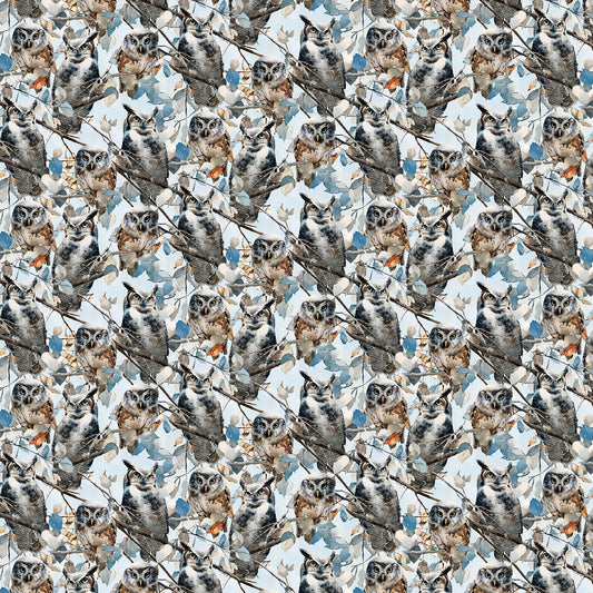 Blue Autumn Forest Wisdom Owls Light Blue Franklin Gregory 3 Wishes Cotton Fabric 3W-24588-BLU