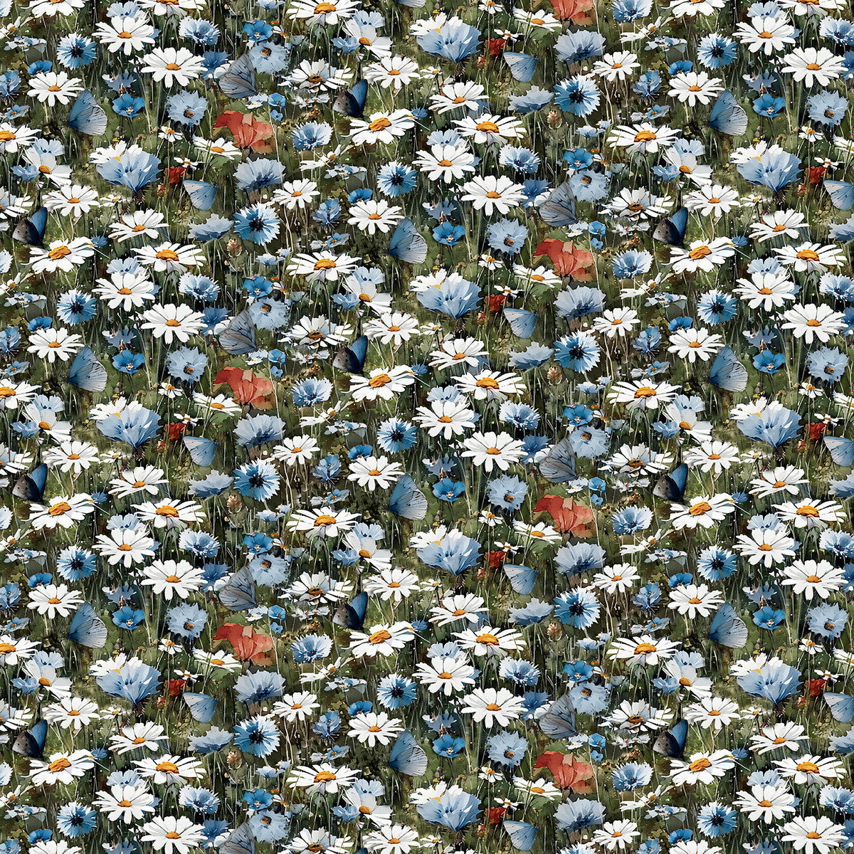Blue Autumn Meadow Whisper Flowers Daisies Butterflies Green Franklin Gregory 3 Wishes Cotton Fabric 3W-24589-GRN