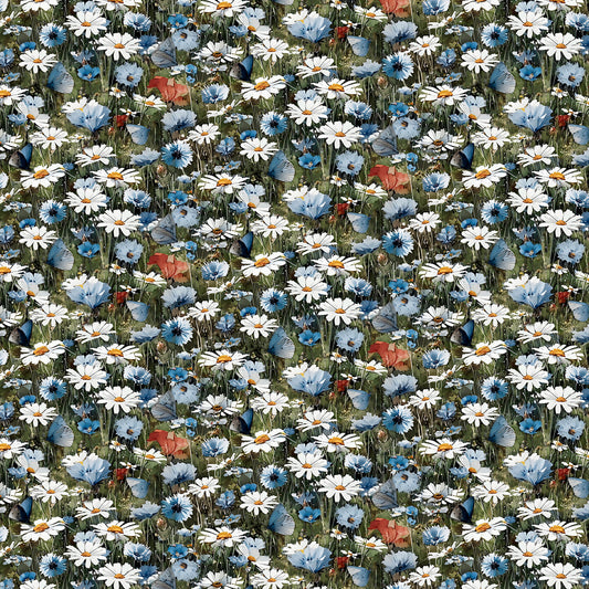 Blue Autumn Meadow Whisper Flowers Daisies Butterflies Green Franklin Gregory 3 Wishes Cotton Fabric 3W-24589-GRN
