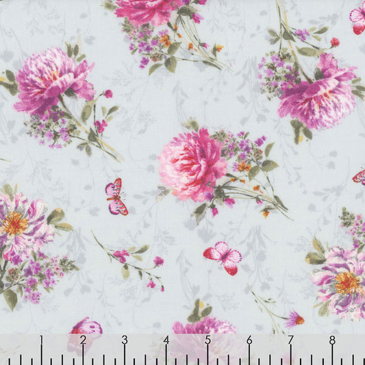 Blush Garden Bouquet Toss Gray Lisa Audit Wilmington Prints Cotton Fabric