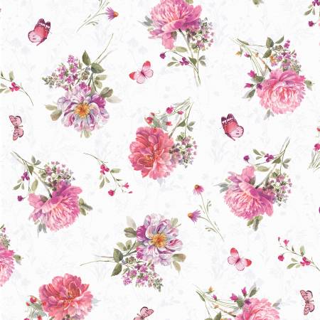 Blush Garden Bouquet Toss White Lisa Audit Wilmington Prints Cotton Fabric