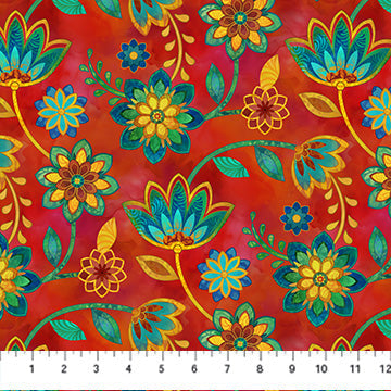 Boho Blooms Small Trail Red Multi Deborah Edwards Northcott Cotton Fabric