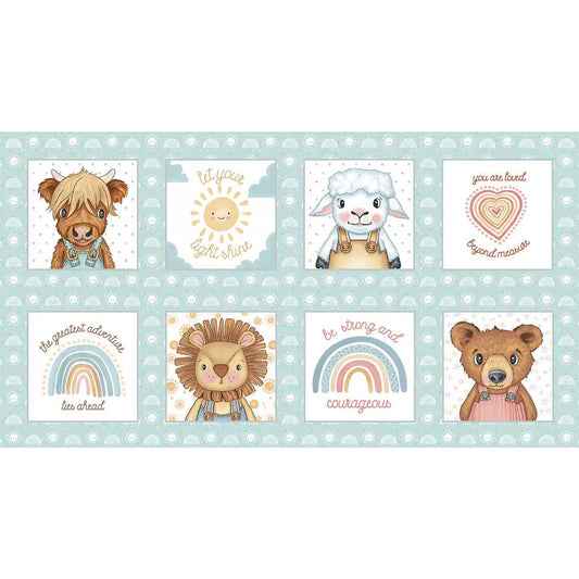 Boho Buddies Block Panel 24" Light Teal Sharon Kuplack Henry Glass Cotton Fabric HG-1723P-16