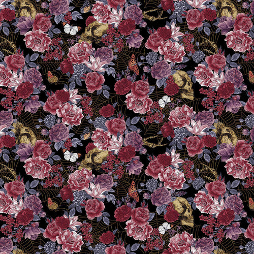 Bones Large Floral and Bones Black Melissa Wang Studio E Cotton Fabric