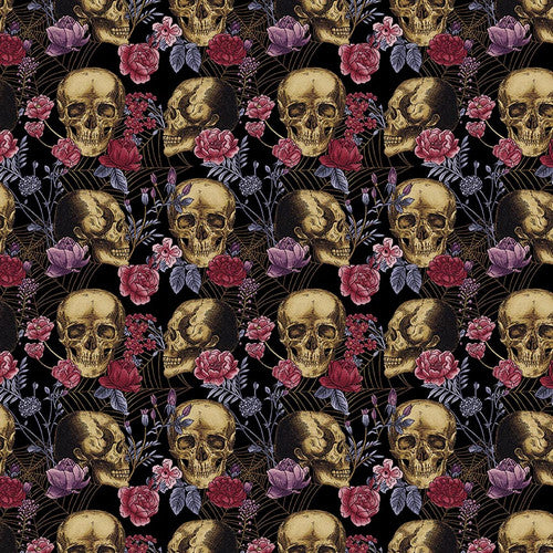 Bones Skulls and Flowers Black Melissa Wang Studio E Cotton Fabric