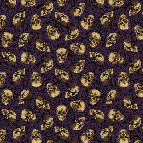 Bones Tossed Skulls Dark Plum Melissa Wang Studio E Cotton Fabric