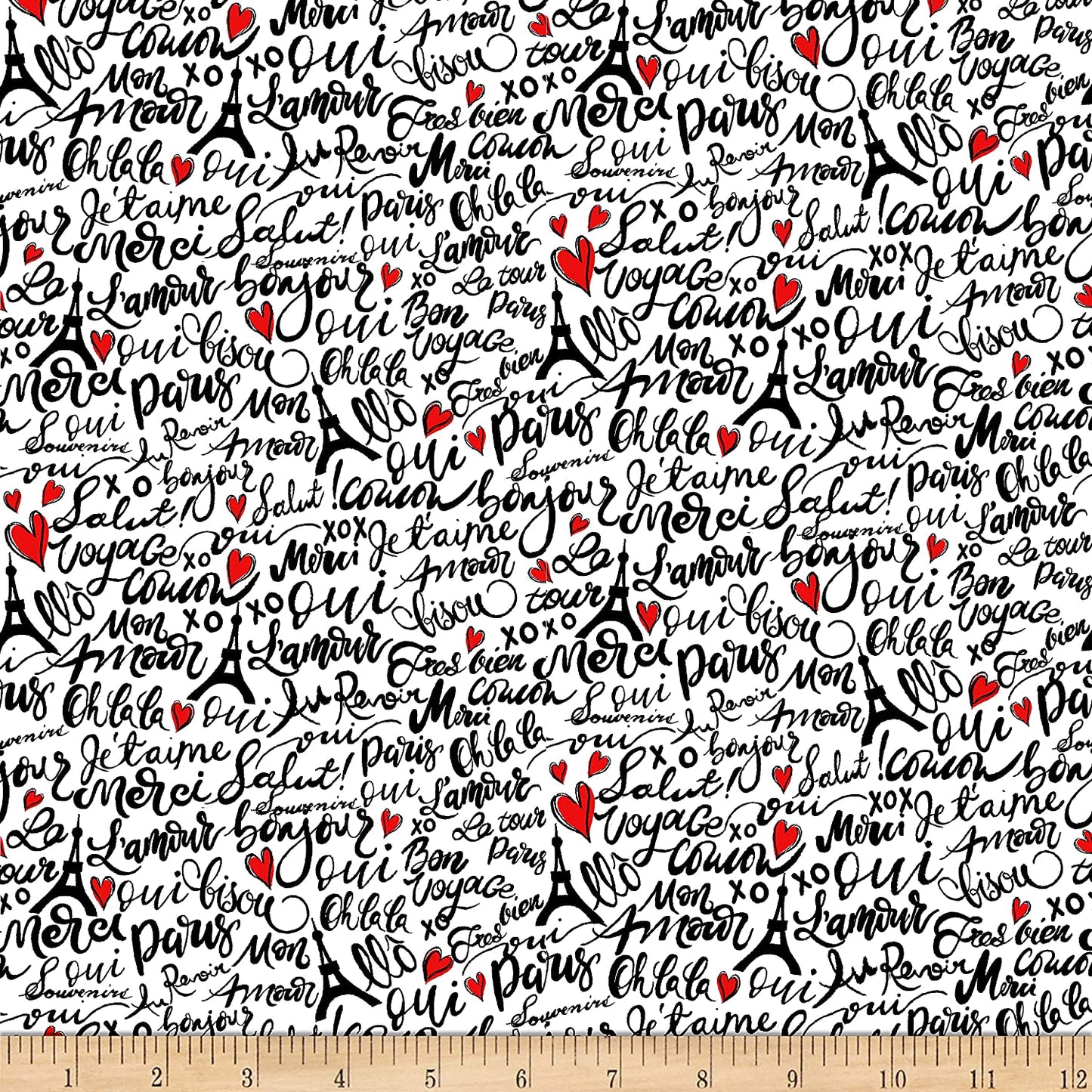 Bonjour Parisian Words White Timeless Treasures Cotton Fabric