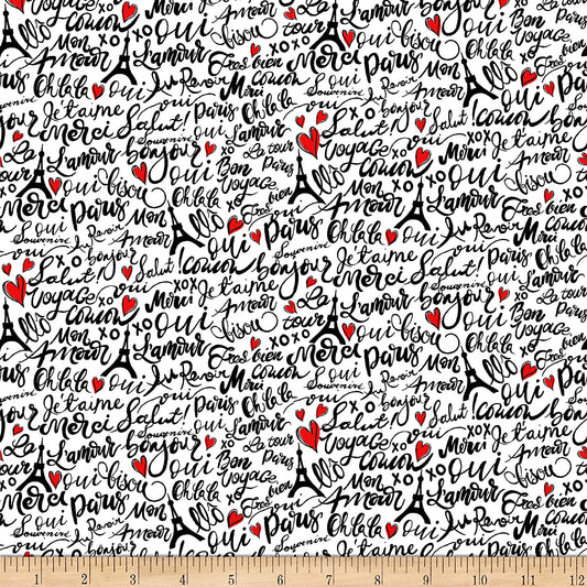 Bonjour Parisian Words White Timeless Treasures Cotton Fabric