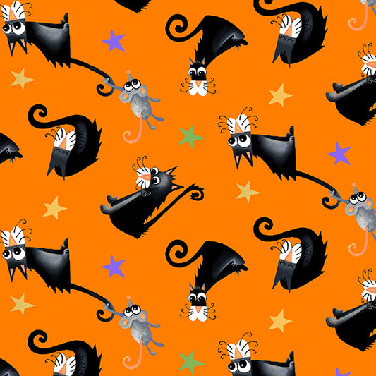 Boo! Glow Black Cats Tossed Orange Delphine Cubbitt Henry Glass Cotton Fabric