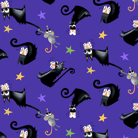 Boo! Glow Black Cats Tossed Purple Delphine Cubbitt Henry Glass Cotton Fabric