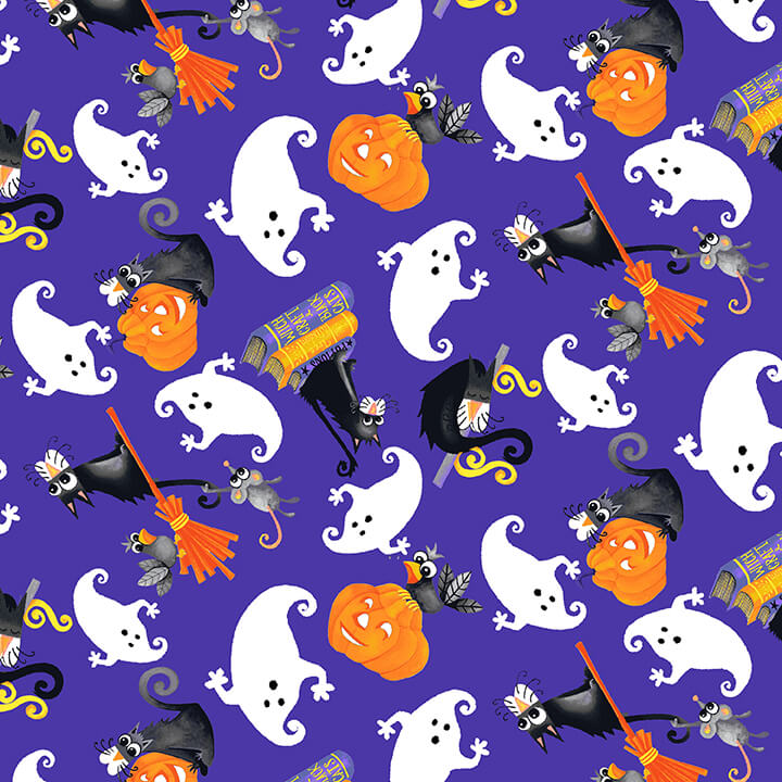 Boo! Glow Cats and Ghosts Tossed Purple Delphine Cubbitt Henry Glass Cotton Fabric