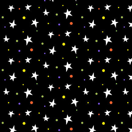 Boo! Glow Stars Tossed Black Delphine Cubbitt Henry Glass Cotton Fabric | US Fabric Shop