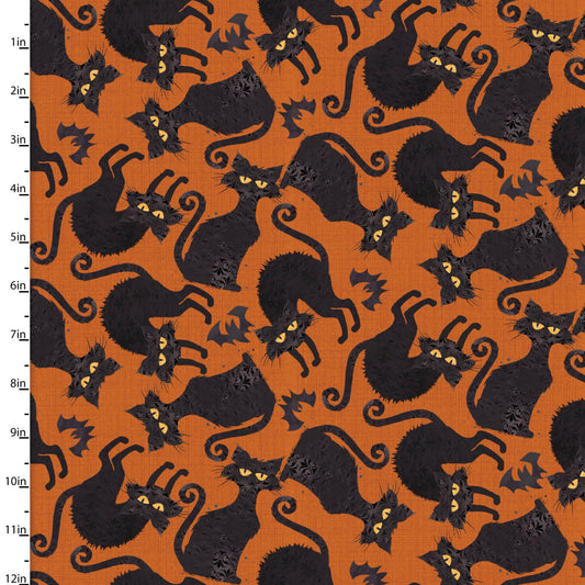 Boo Y'All Black Cats Orange Courtney Morgenstern 3 Wishes Cotton Fabric