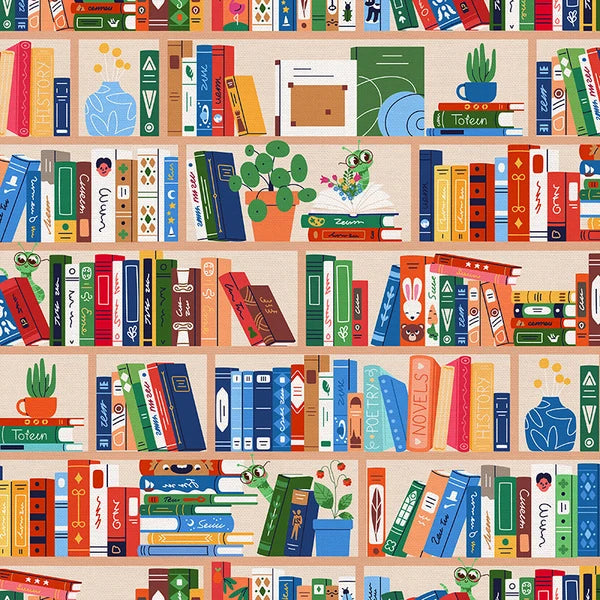 Book Worm Book Shelves Beige Paintbrush Studios Cotton Fabric PBS-120-26515