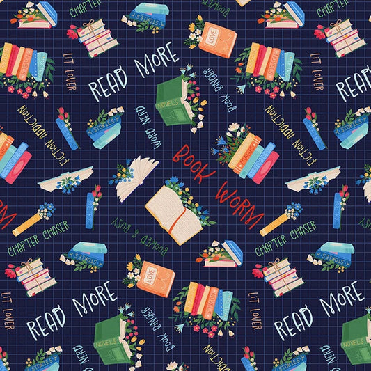 Book Worm Book Toss Navy Blue Paintbrush Studios Cotton Fabric PBS-120-26517