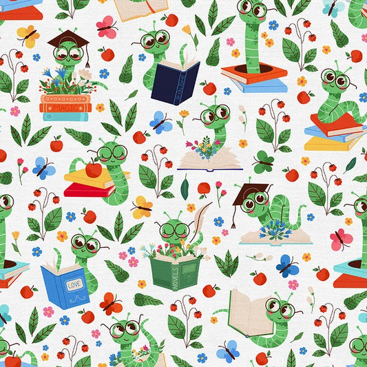 Book Worm Cute Apple Flowers White Paintbrush Studios Cotton Fabric PBS-120-26514