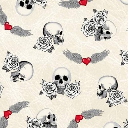 Born to Ride Skulls Roses Natural Windham Cotton Fabric