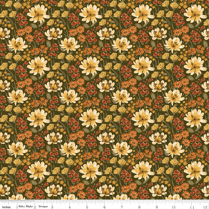 Bountiful Floral Shrubs Green Brown Sandy Gervais Riley Blake Designs Cotton Fabric RB-C17861-SHRUBS