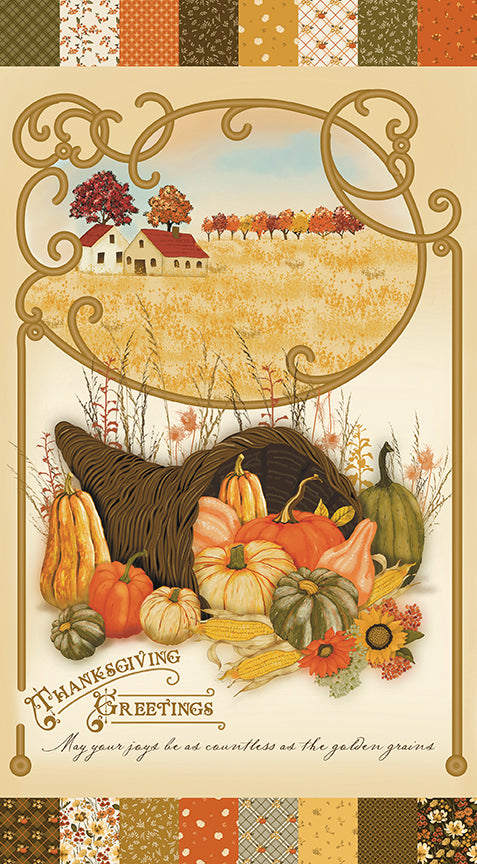Bountiful Thanksgiving Greetings Panel 24" Cream Sandy Gervais Riley Blake Designs Cotton Fabric RB-P17869-PANEL