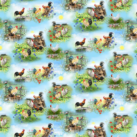 Break of Dawn Chicken And Rooster Scenes Blue Sinead Jones Blank Quilting Cotton Fabric