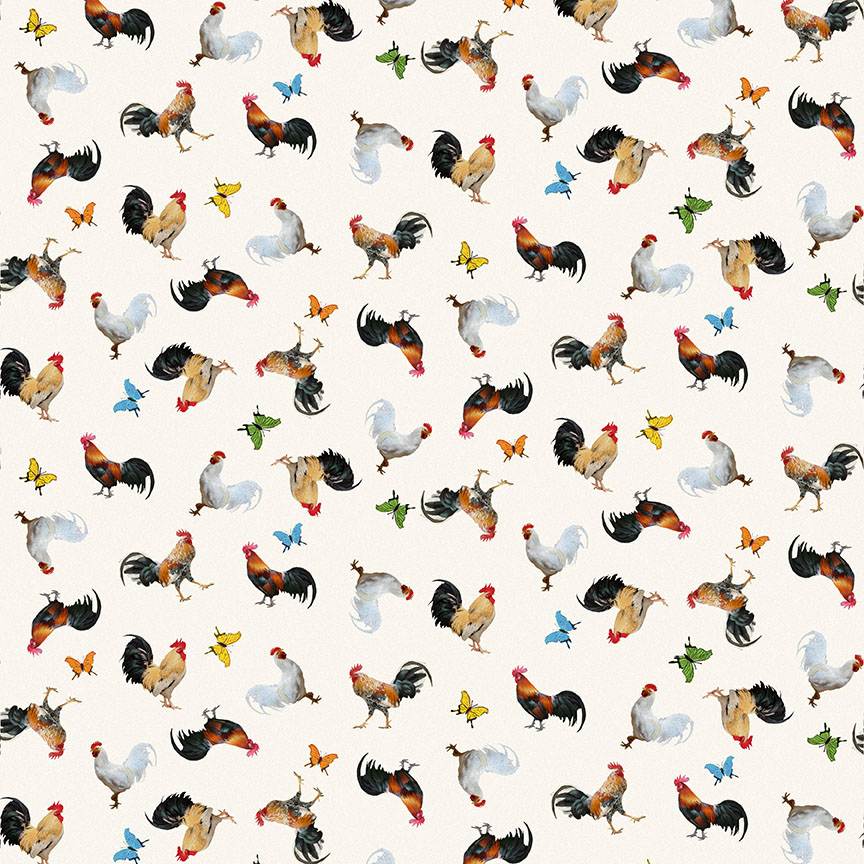 Break of Dawn Chickens, Roosters, And Butterflies Ivory Sinead Jones Blank Quilting Cotton Fabric