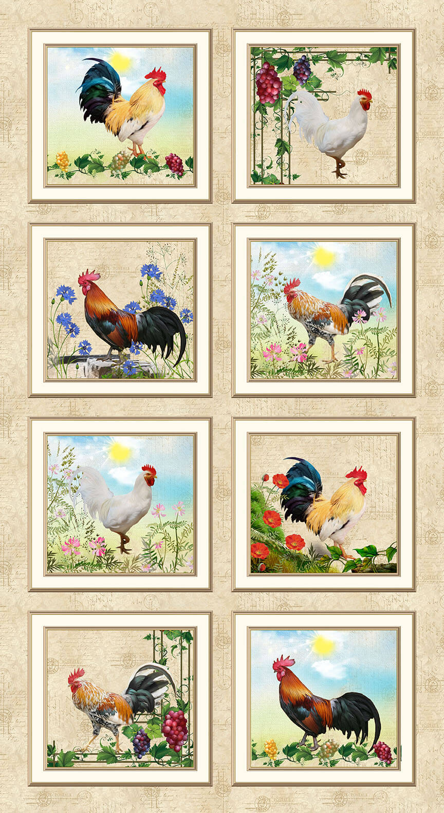 Break of Dawn Rooster Block Panel 24” Tan Sinead Jones Blank Quilting Cotton Fabric