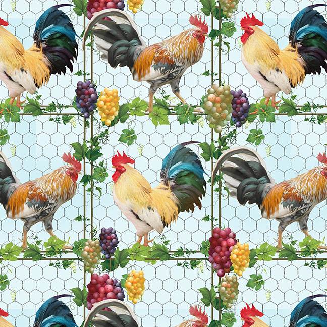 Break of Dawn Roosters Blocks Chicken Wire Light Blue Sinead Jones Blank Quilting Cotton Fabric