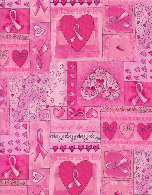 Breast Cancer Awareness Pink Hope Ribbon Heart Tiles Timeless Treasures Cotton Fabric