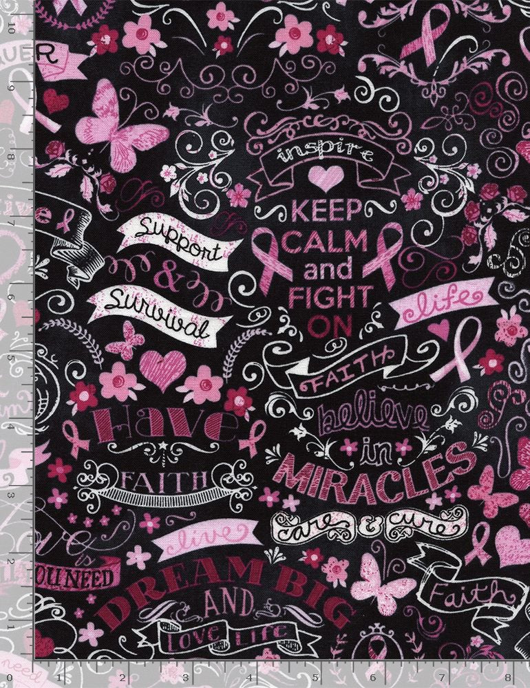 Pink Ribbon Chalkboard Breast Cancer Positive Words Timeless Treasures Cotton Fabric | US Fabric Shop
