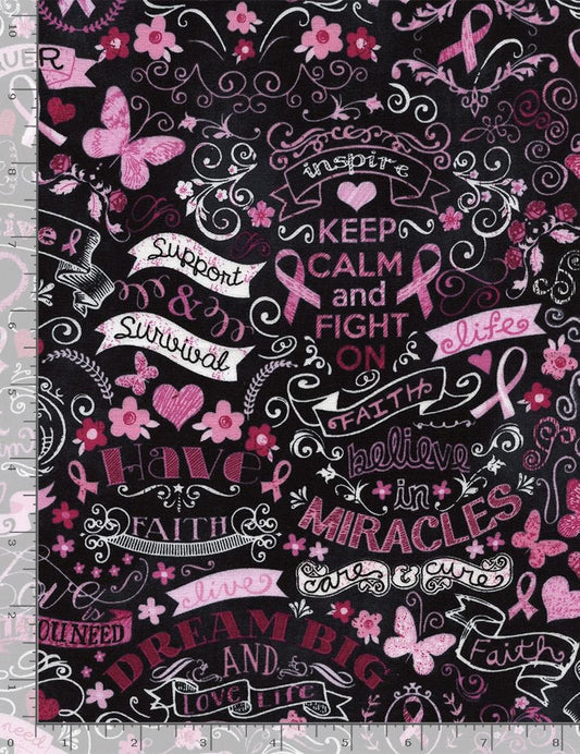 Pink Ribbon Chalkboard Breast Cancer Positive Words Timeless Treasures Cotton Fabric