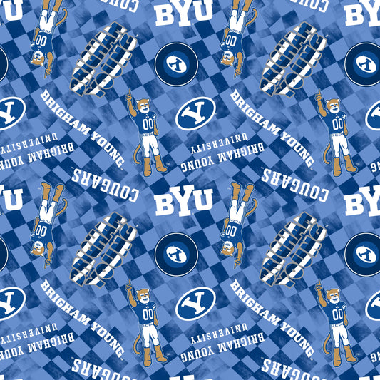 Brigham Young Cougars NCAA College Checks Blue Sykel Enterprises Canvas Duck Cloth Cotton Fabric BYU-1380-BLUE