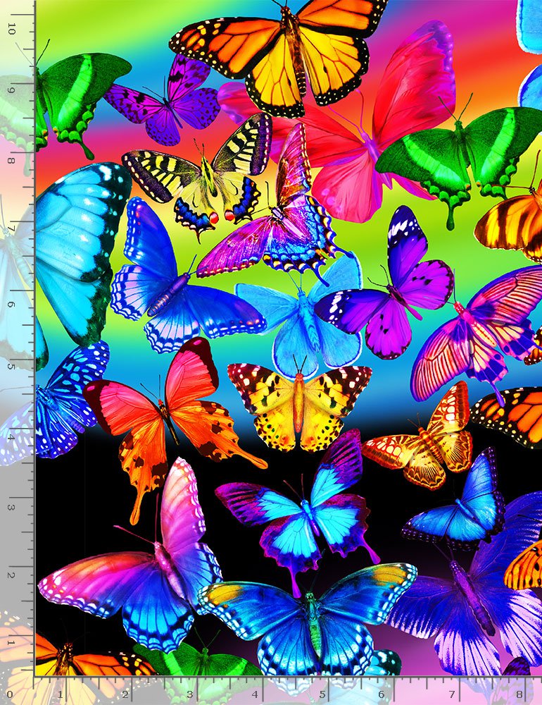 Bright Rainbow Butterflies Flight Black Timeless Treasures Cotton Fabric