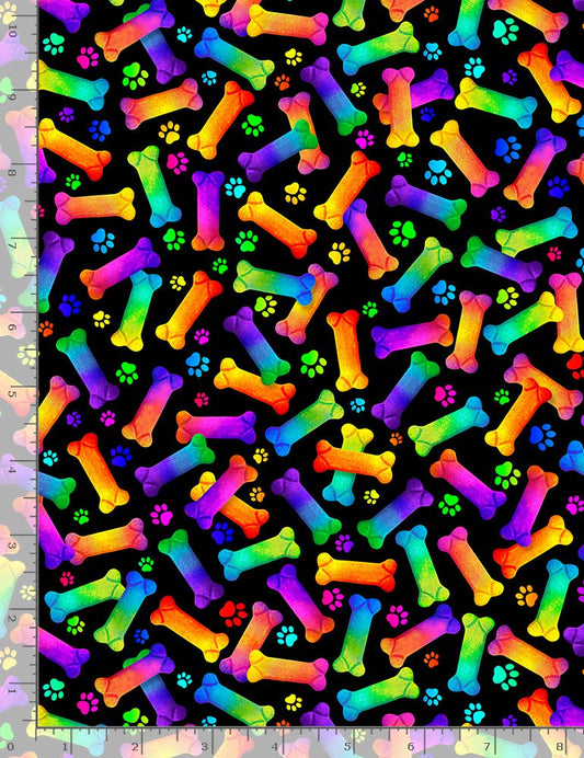 Bright Rainbow Dog Bones Black Timeless Treasures Cotton Fabric