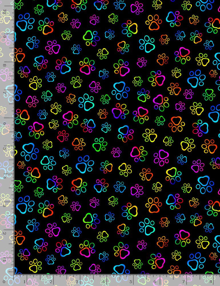 Bright Rainbow Paws Black Timeless Treasures Cotton Fabric