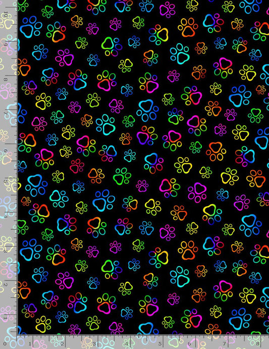 Bright Rainbow Paws Black Timeless Treasures Cotton Fabric