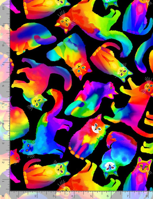 Bright Rainbow Tossed Cats Black Timeless Treasures Cotton Fabric