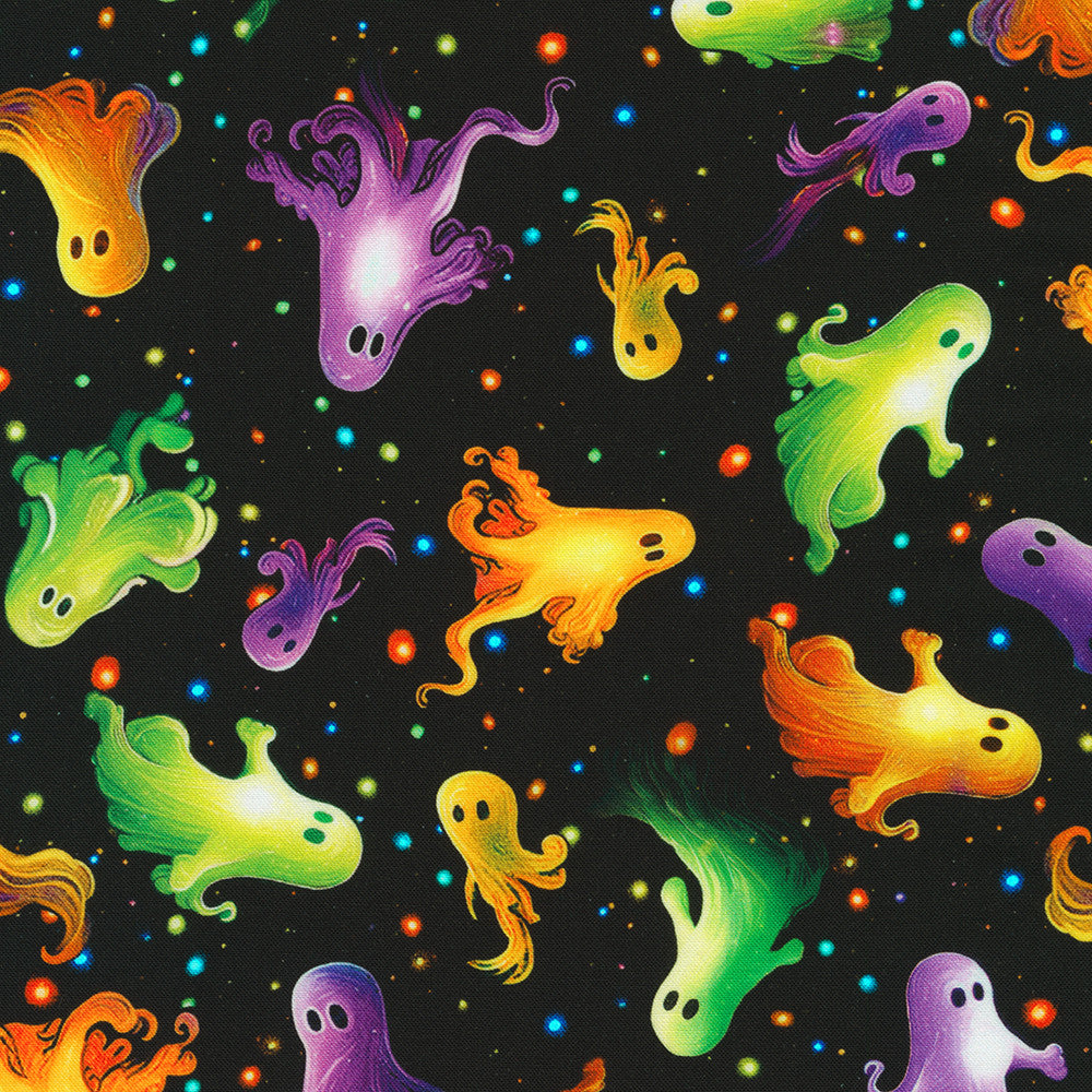 Bright Frights Ghosts Night Black Catriona Crehan Robert Kaufman Cotton Fabric RK-RCCD-23087-438