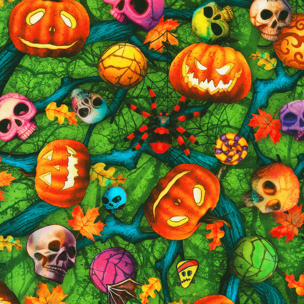 Bright Frights Spooky Halloween Acid Lime Green Catriona Crehan Robert Kaufman Cotton Fabric RK-RCCD-23085-386