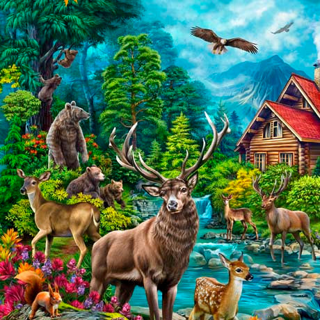 Brookside Lodge Animal Scenic Multi Eva Nikolskaya Quilting Treasures Cotton Fabric