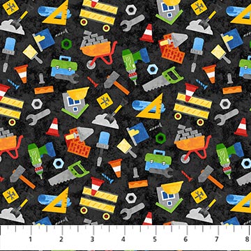 Build Your Own World Tossed Tools Black Multi Northcott Cotton Fabric